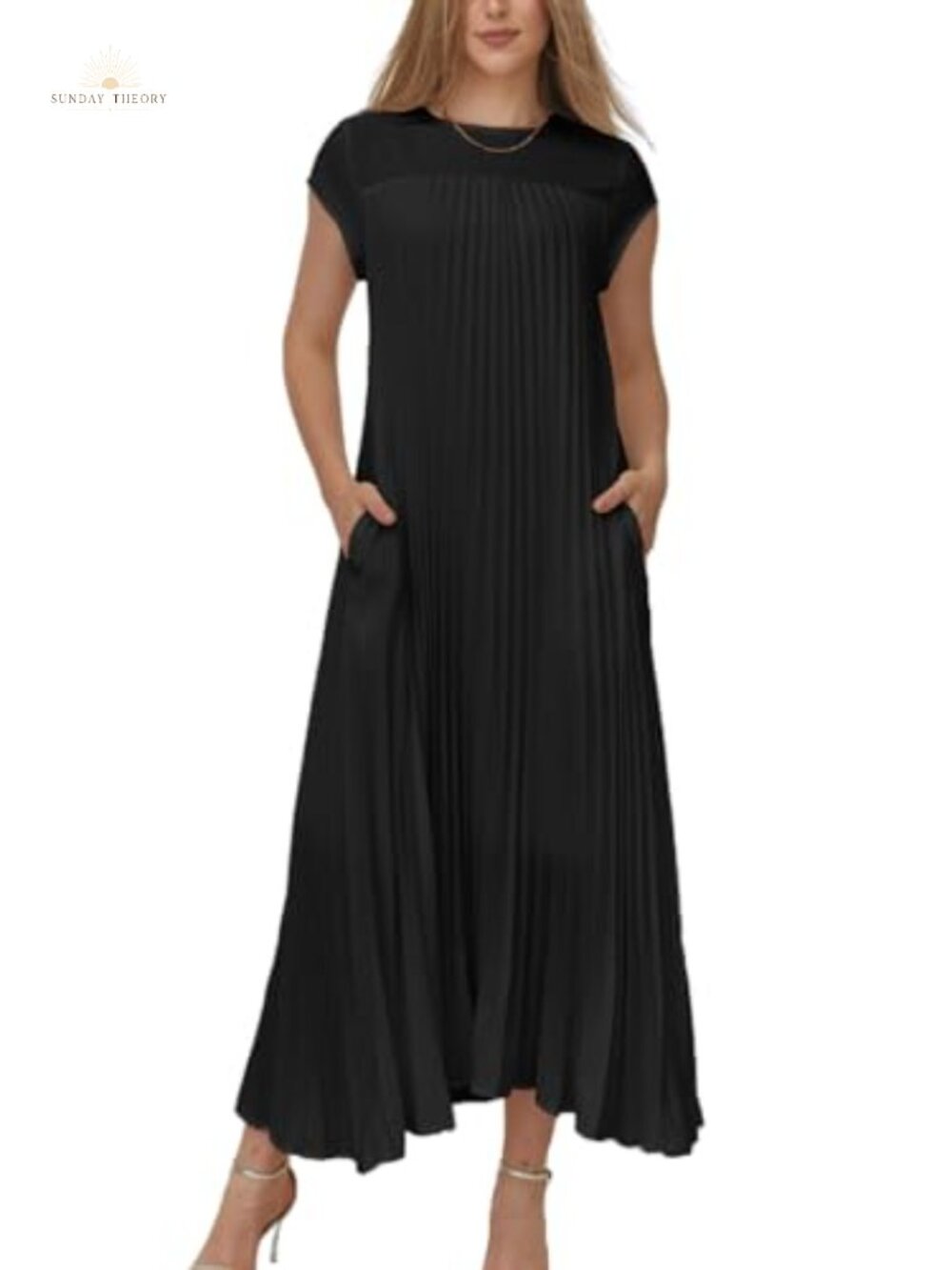 Pleated Maxi Dress Short Sleeve Crewneck Swing Long Dress with Pockets